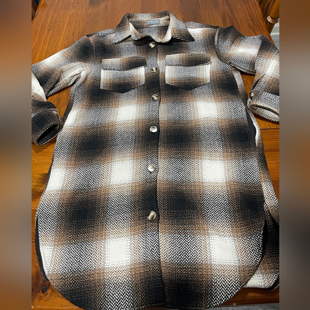 Sweet Lovely By Jen Womens Black Brown Cream Plaid Thick Long Tunic Pocket Shirt